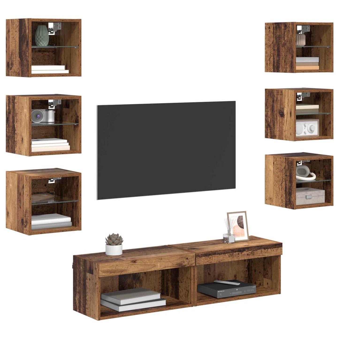 TV Cabinet with LED Strip Lights 8 pcs Old Wood Glass