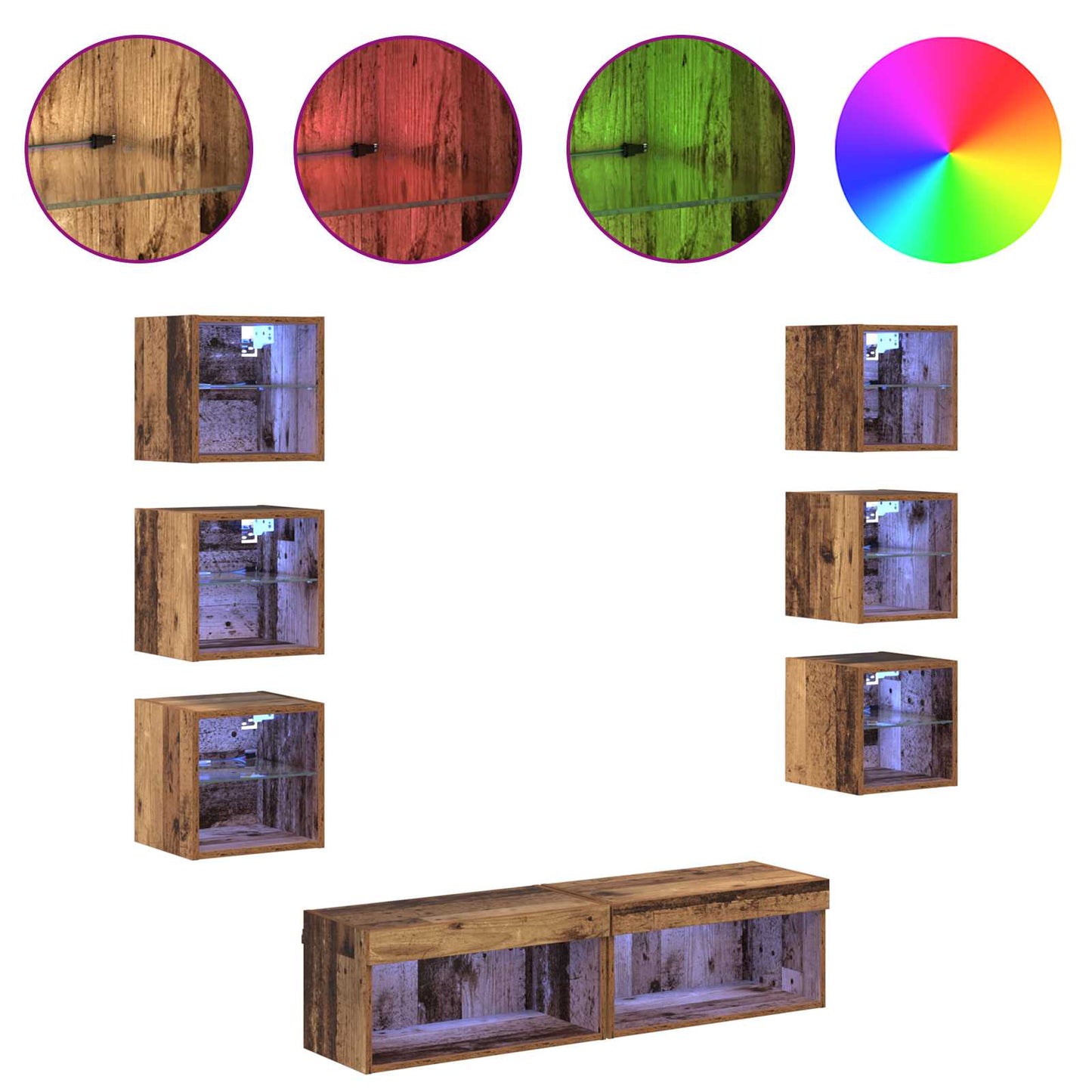 TV Cabinet with LED Strip Lights 8 pcs Old Wood Glass