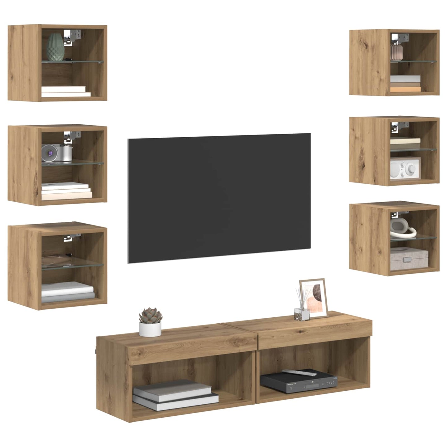 TV Cabinet with LED Strip Lights 8 pcs Artisan Oak Glass