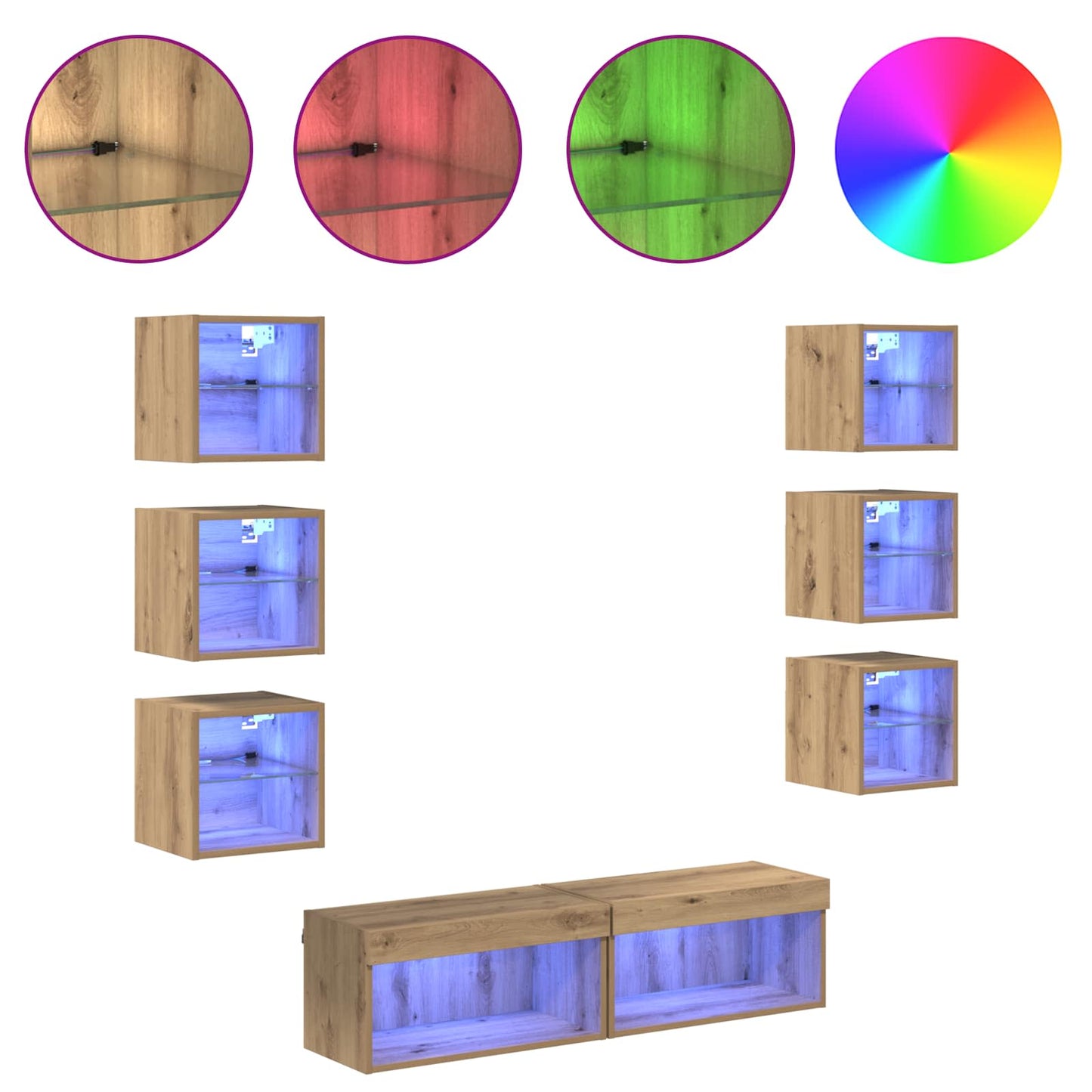 TV Cabinet with LED Strip Lights 8 pcs Artisan Oak Glass