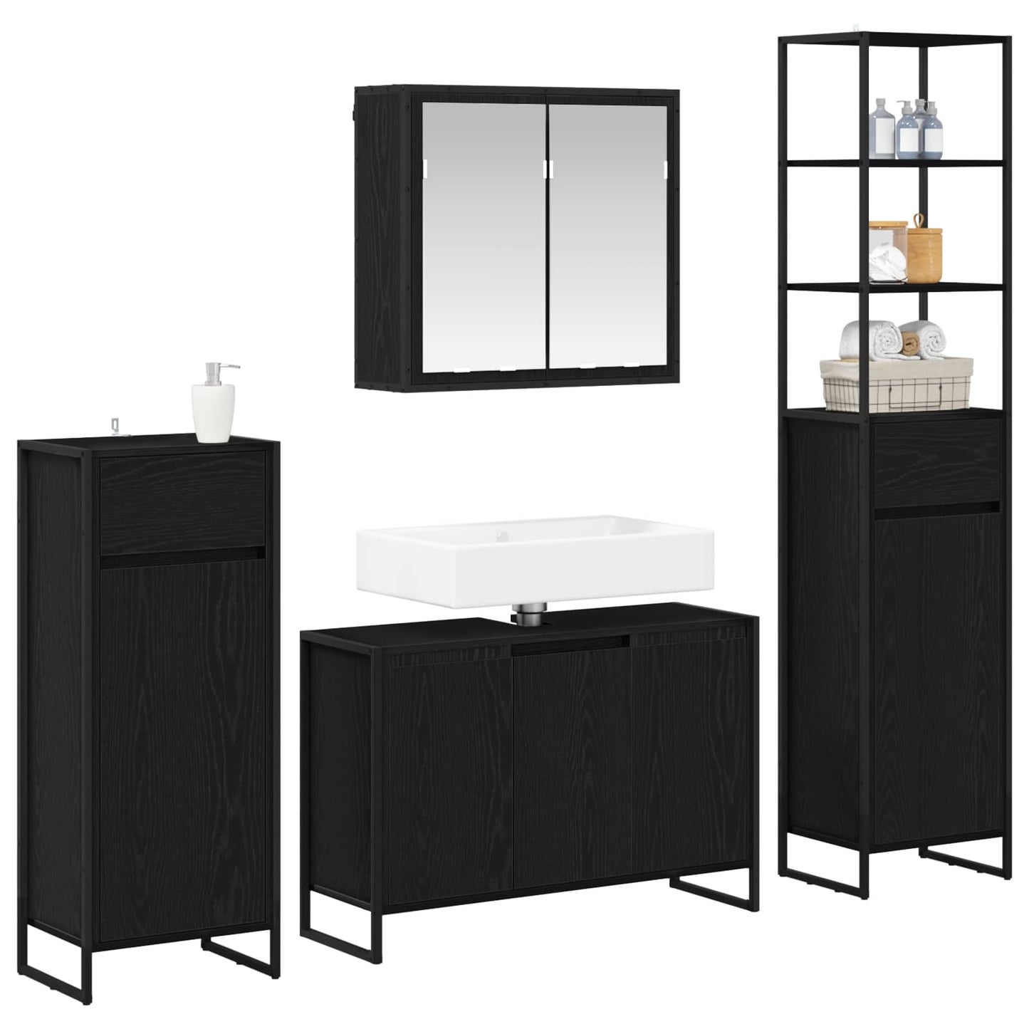 Bathroom Furniture Set with Drawer Black Oak Engineered Wood