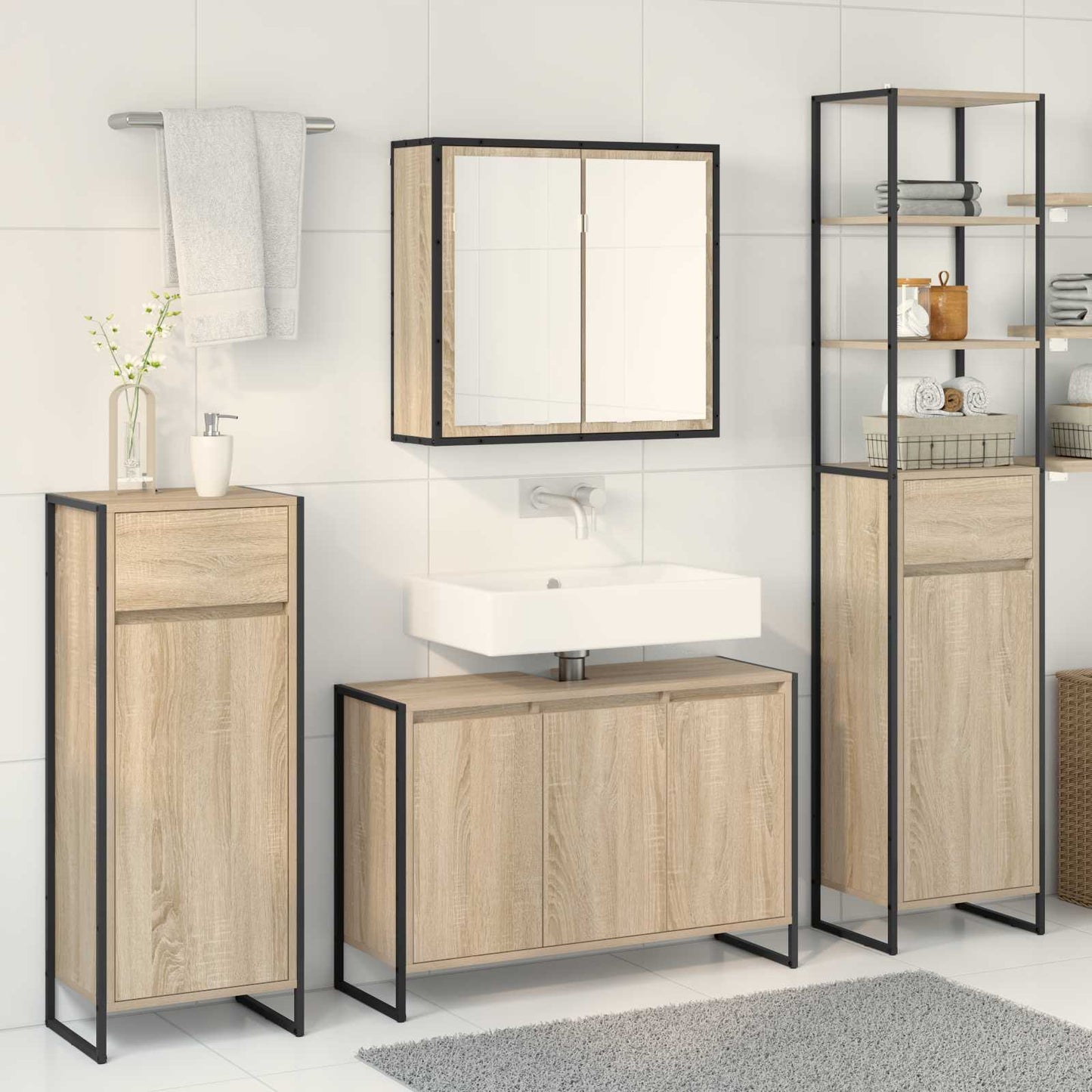 Bathroom Furniture Set with Drawer Sonoma Oak Engineered Wood