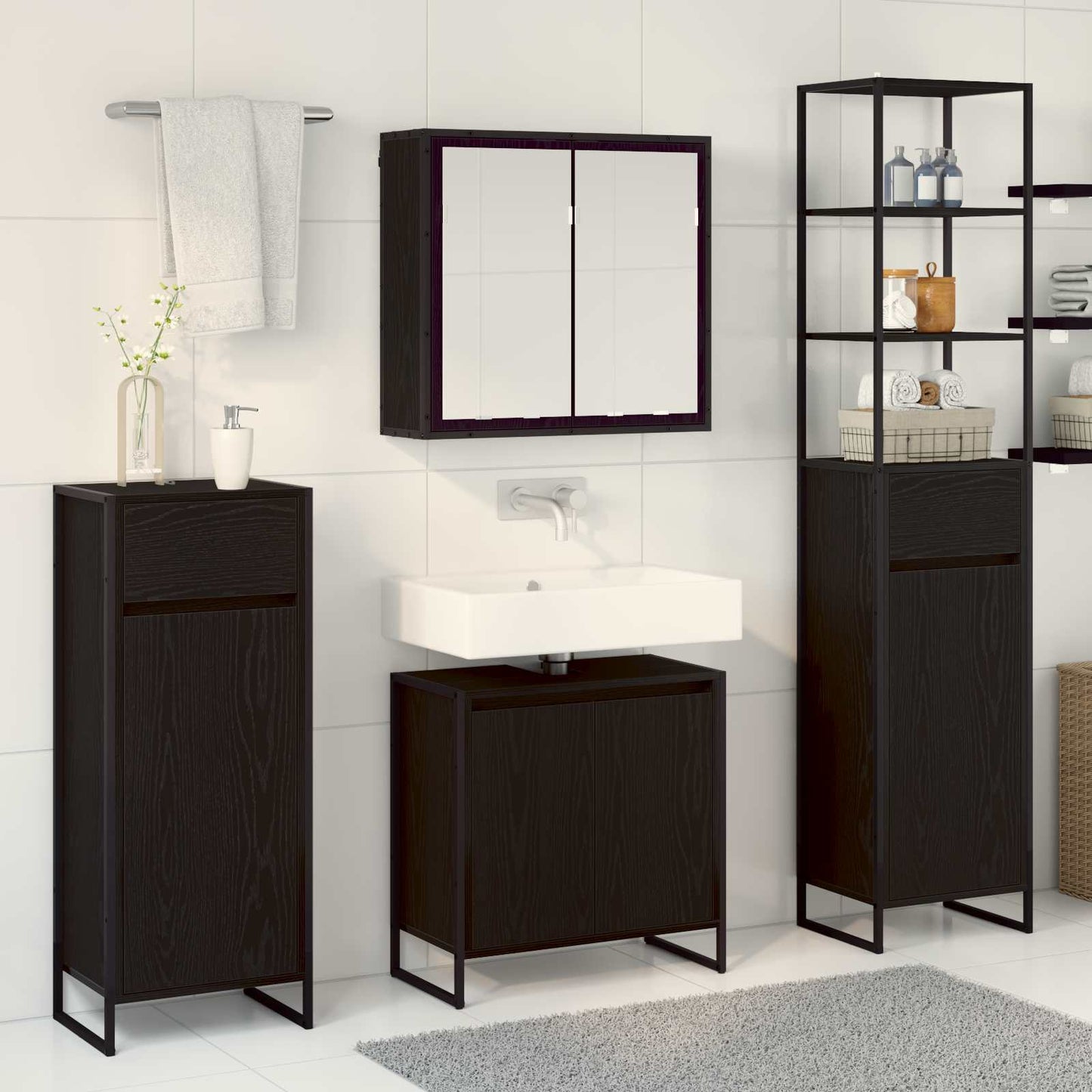 Bathroom Furniture Set with Drawer Black Oak Engineered Wood
