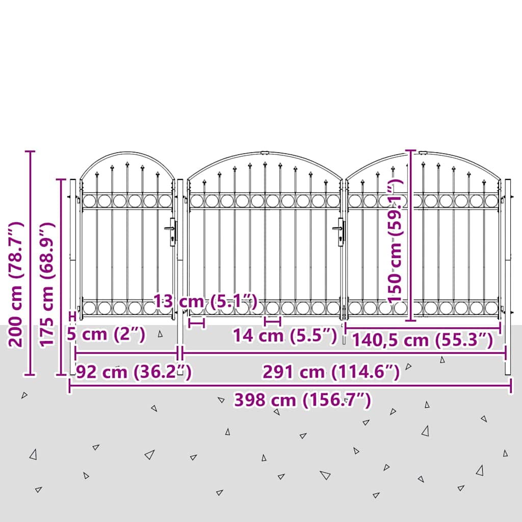 Garden Fence Gate with Arched Top Grey 400 x 100 cm Steel