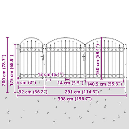 Garden Fence Gate with Arched Top Grey 400 x 100 cm Steel