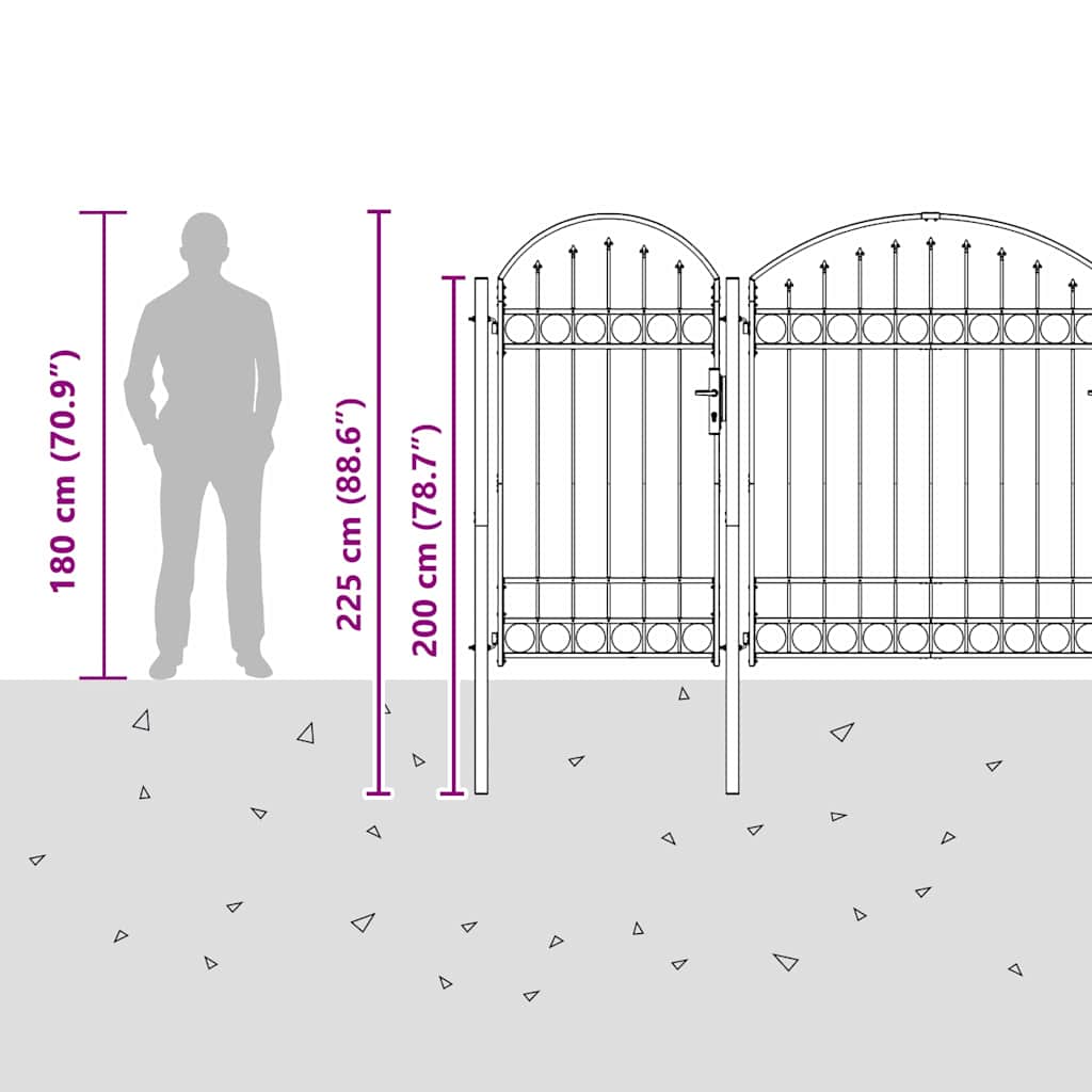 Garden Fence Gate with Arched Top Grey 400 x 125 cm Steel
