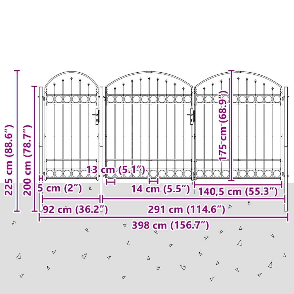 Garden Fence Gate with Arched Top Grey 400 x 125 cm Steel