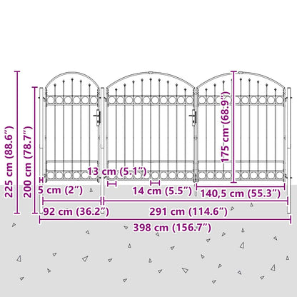 Garden Fence Gate with Arched Top Grey 400 x 125 cm Steel