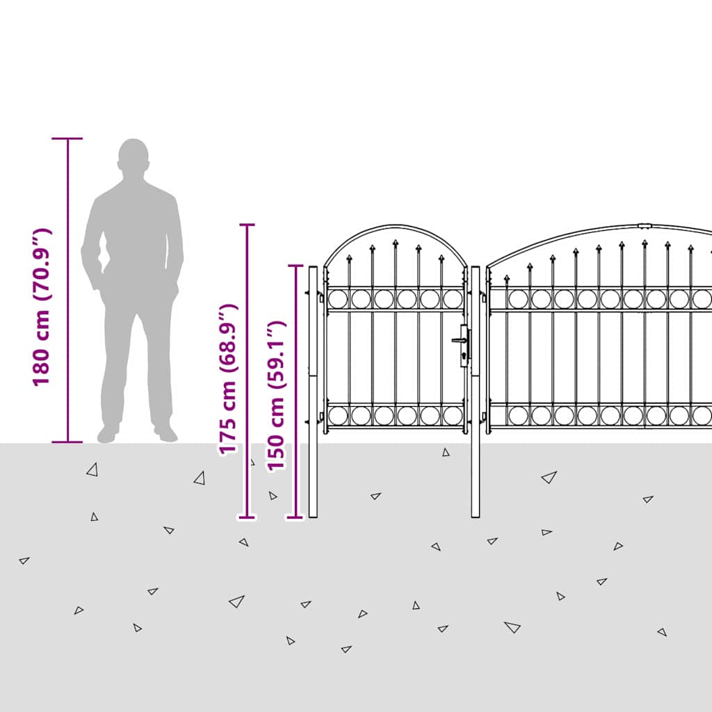 Garden Fence Gate with Arched Top Grey 500 x 75 cm Steel