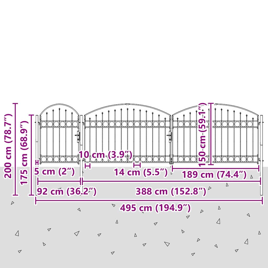 Garden Fence Gate with Arched Top Grey 500 x 100 cm Steel