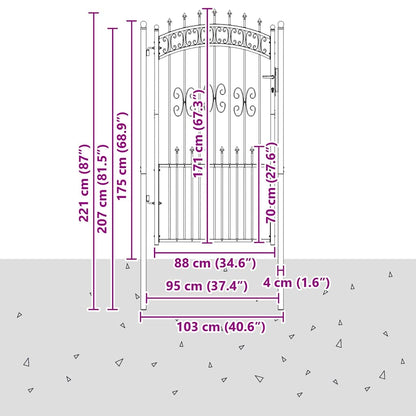 Fence Gate with Spear Top with Lock Grey 103 x 175 cm Steel