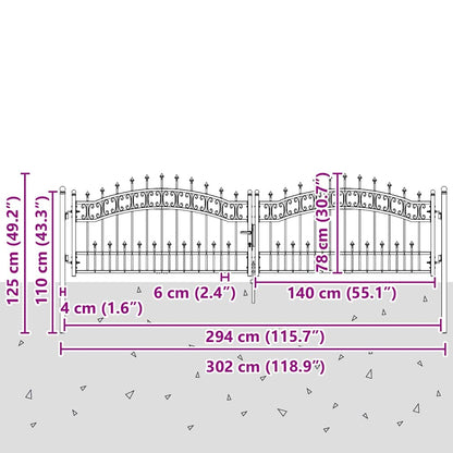 Fence Gate with Spear Top with Lock Grey 305 x 75 cm Steel