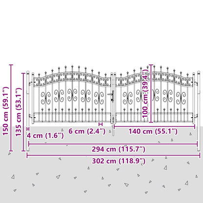 Fence Gate with Spear Top with Lock Grey 305 x 100 cm Steel
