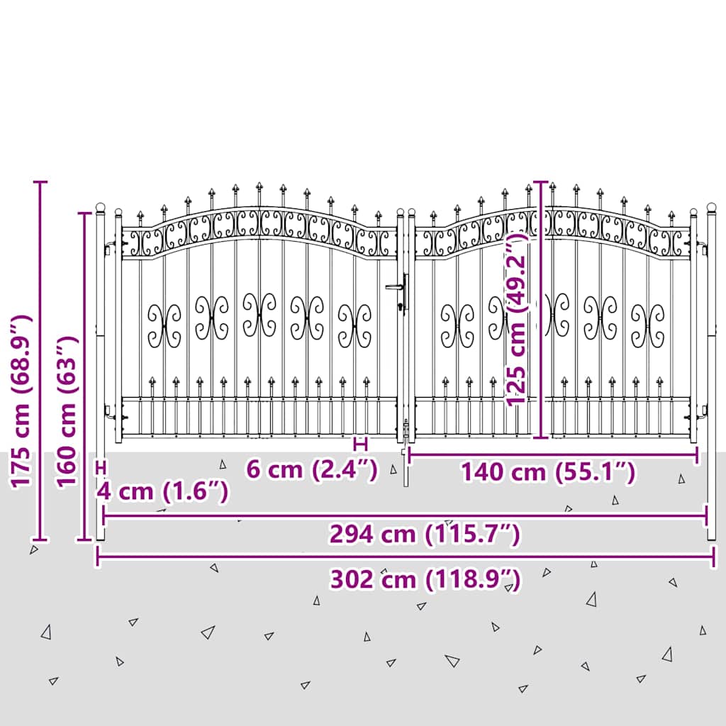 Fence Gate with Spear Top with Lock Grey 305 x 125 cm Steel