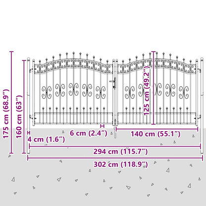 Fence Gate with Spear Top with Lock Grey 305 x 125 cm Steel