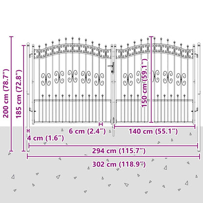 Fence Gate with Spear Top with Lock Grey 305 x 150 cm Steel