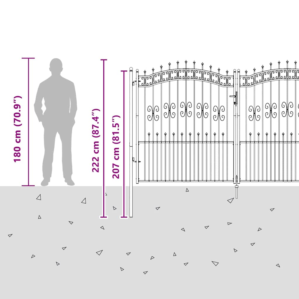 Fence Gate with Spear Top with Lock Grey 305 x 175 cm Steel