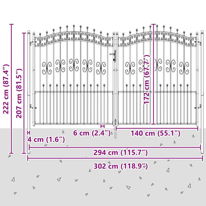 Fence Gate with Spear Top with Lock Grey 305 x 175 cm Steel