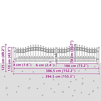 Fence Gate with Spear Top with Lock Grey 404 x 75 cm Steel