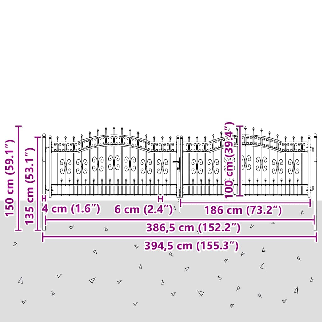 Fence Gate with Spear Top with Lock Grey 404 x 100 cm Steel