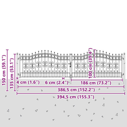 Fence Gate with Spear Top with Lock Grey 404 x 100 cm Steel