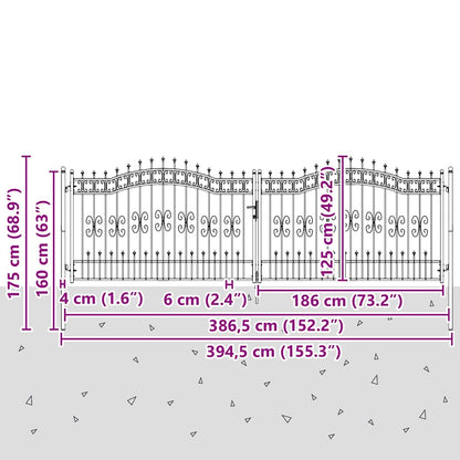 Fence Gate with Spear Top with Lock Grey 404 x 125 cm Steel