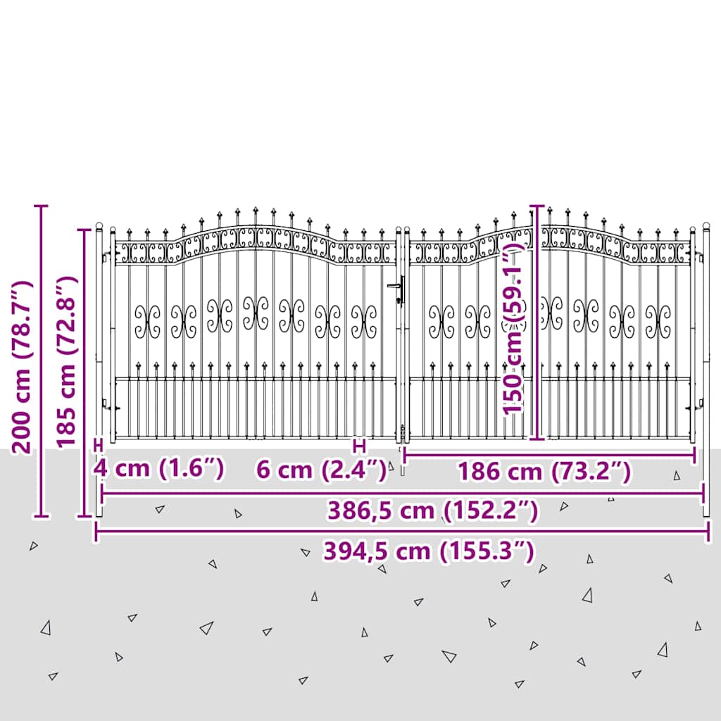 Fence Gate with Spear Top with Lock Grey 404 x 150 cm Steel