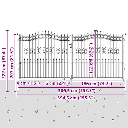 Fence Gate with Spear Top with Lock Grey 404 x 175 cm Steel