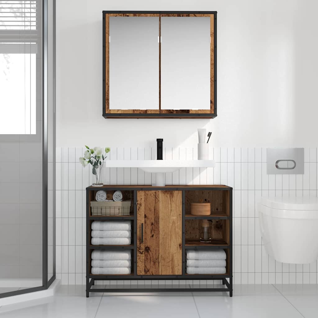 Bathroom Furniture Set with Door 2 pcs Old wood Engineered wood