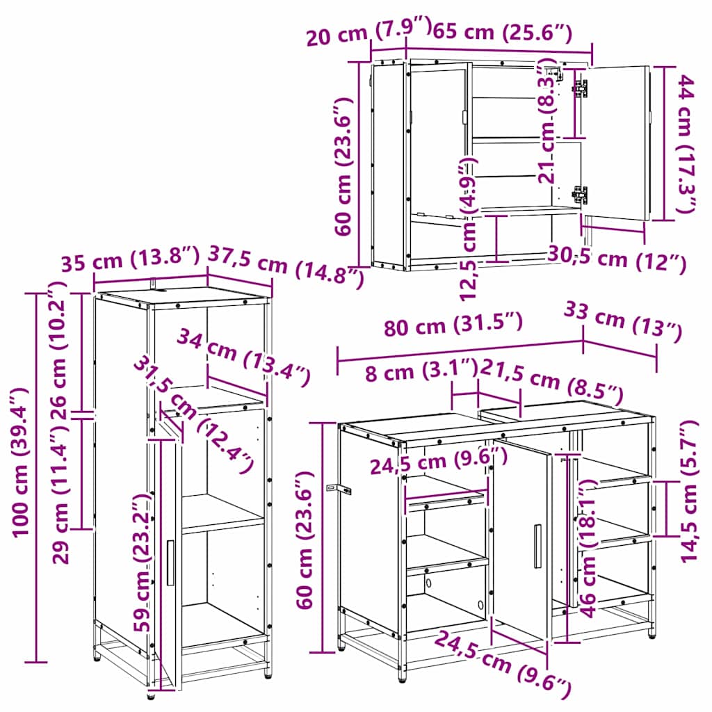 Bathroom Furniture Set 3 pcs Black Oak Engineered Wood