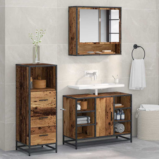 Bathroom Furniture Set with Door 3 pcs Old wood Engineered wood
