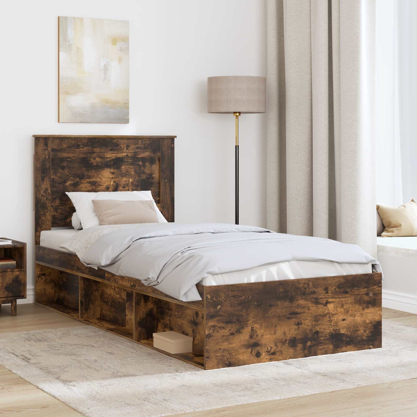 Bed Frame with Headboard Smoked Oak 90 x 190 cm Solid Pine Wood