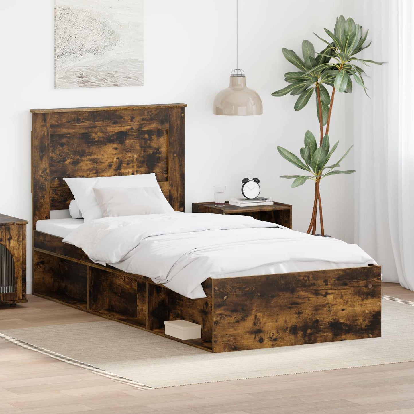 Bed Frame with Headboard Smoked Oak 90 x 200 cm Solid Pine Wood