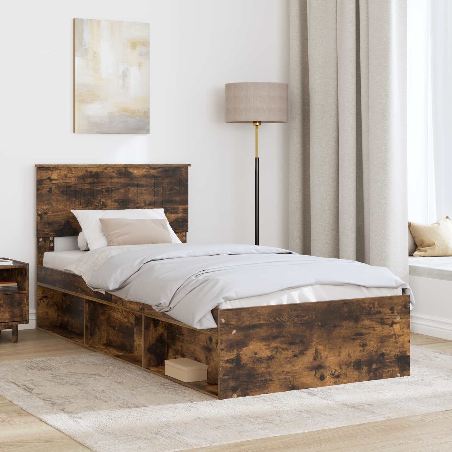 Bed Frame with Headboard Smoked Oak 90 x 190 cm Solid Pine Wood