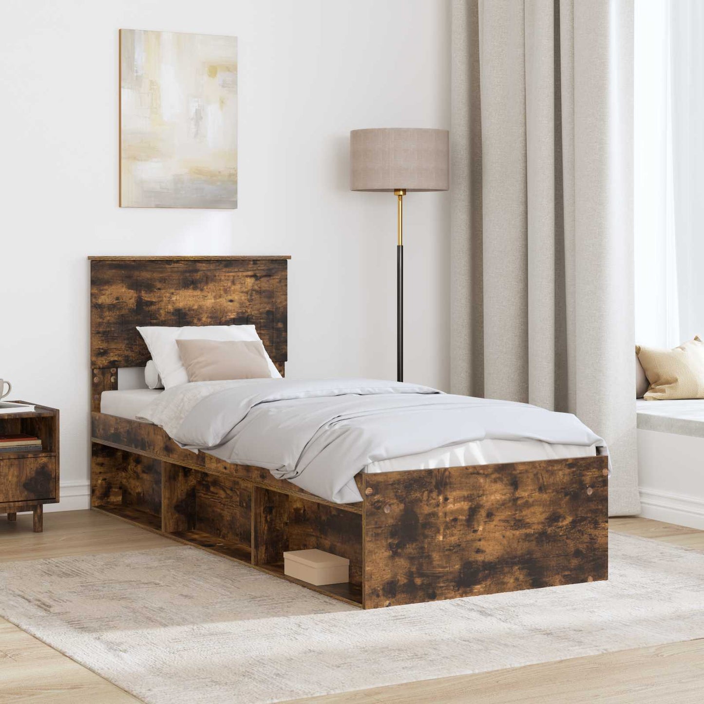Bed Frame with Headboard Smoked Oak 75 x 190 cm Solid Pine Wood