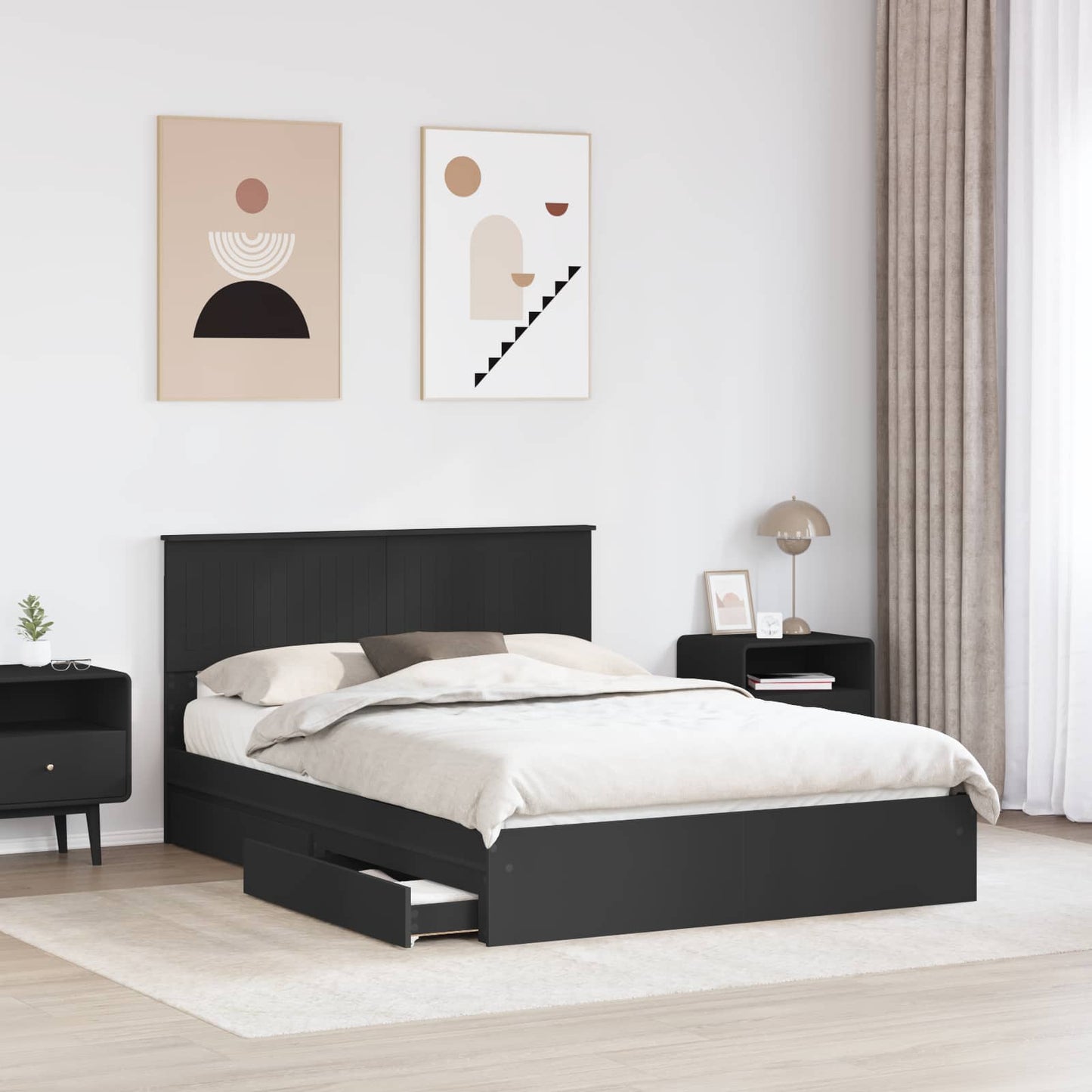 Storage Bed with Headboard Black 140 x 190 cm Engineered Wood