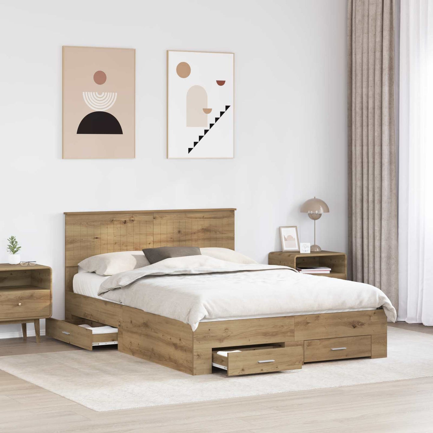 Bed Frame with Drawer Artisan Oak 140 x 190 cm Engineered Wood