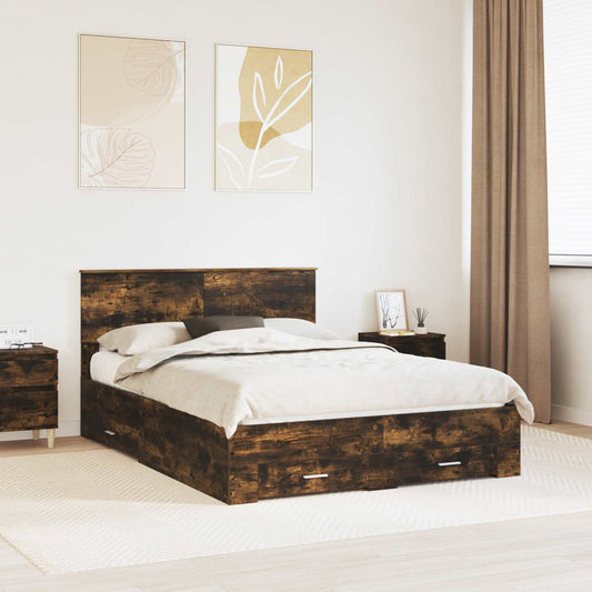 Bed Frame with Drawer Smoked Oak 135 x 190 cm Engineered Wood