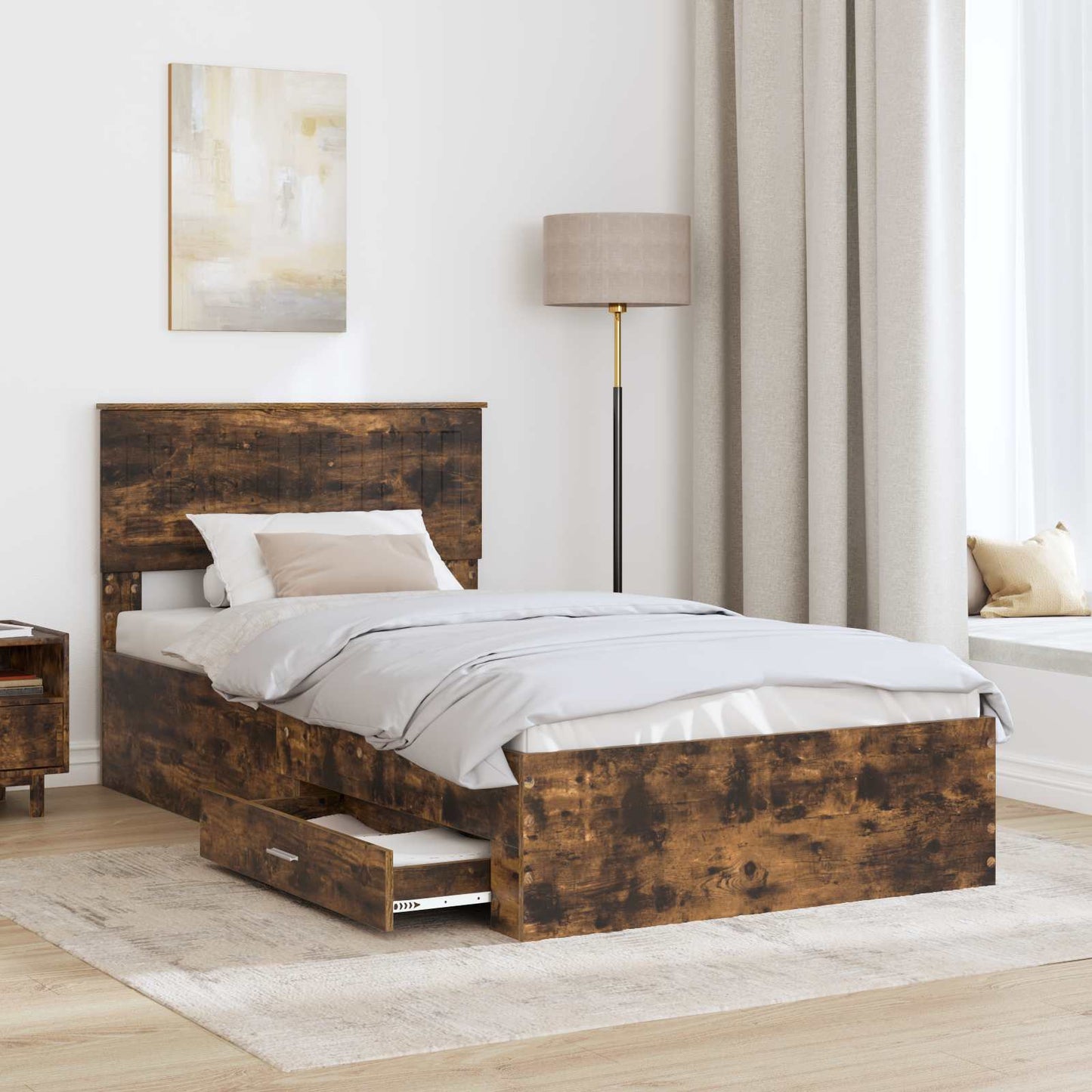 Bed Frame with Drawer Smoked Oak 100 x 200 cm Engineered Wood