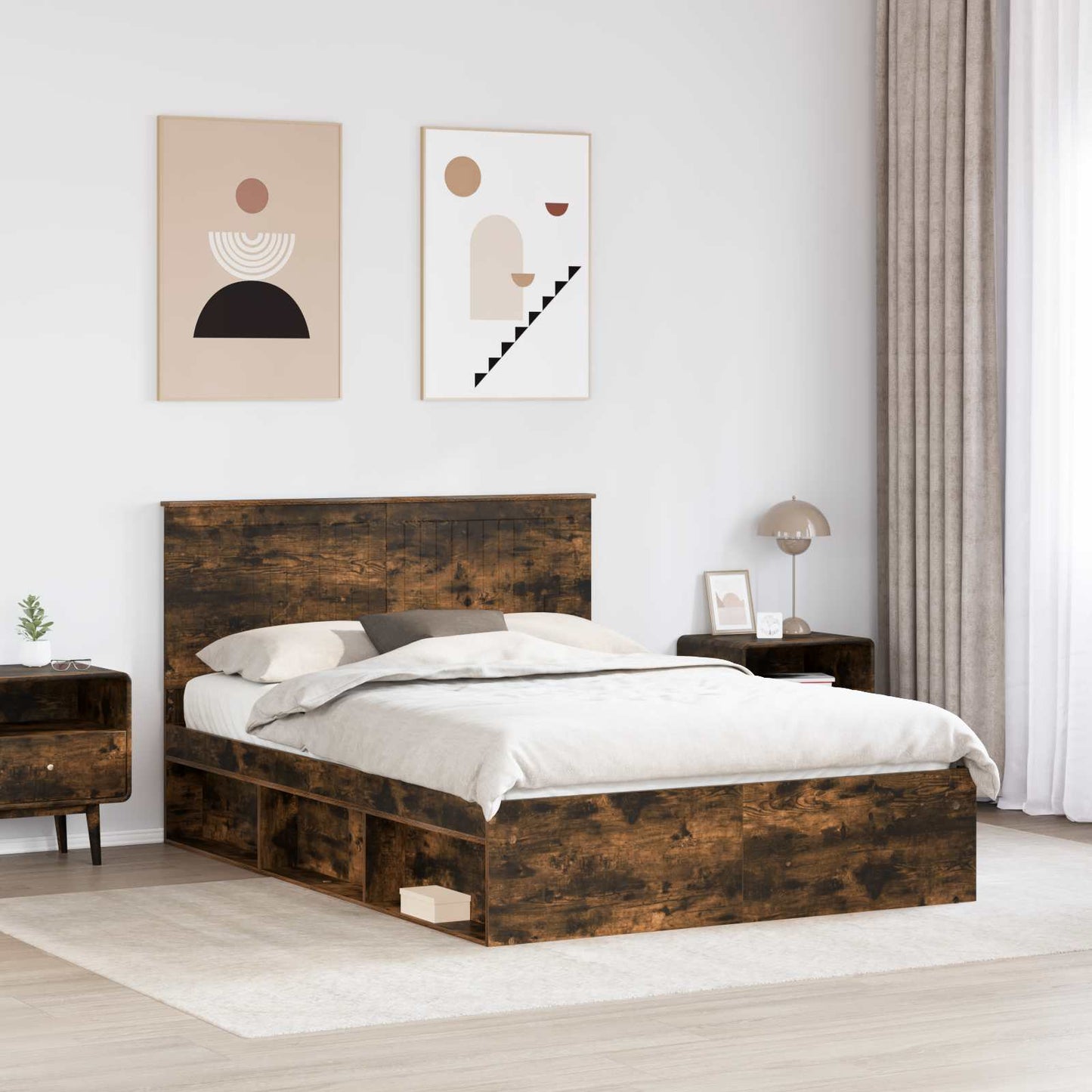 Bed Frame Smoked Oak 135 x 190 cm Solid Pine Wood