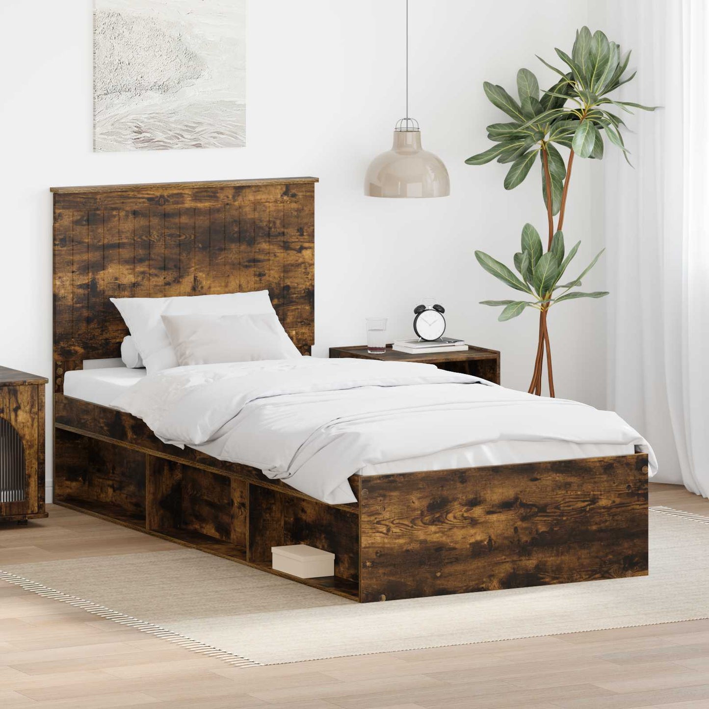 Bed Frame with Headboard Smoked Oak 90 x 190 cm Solid Pine Wood