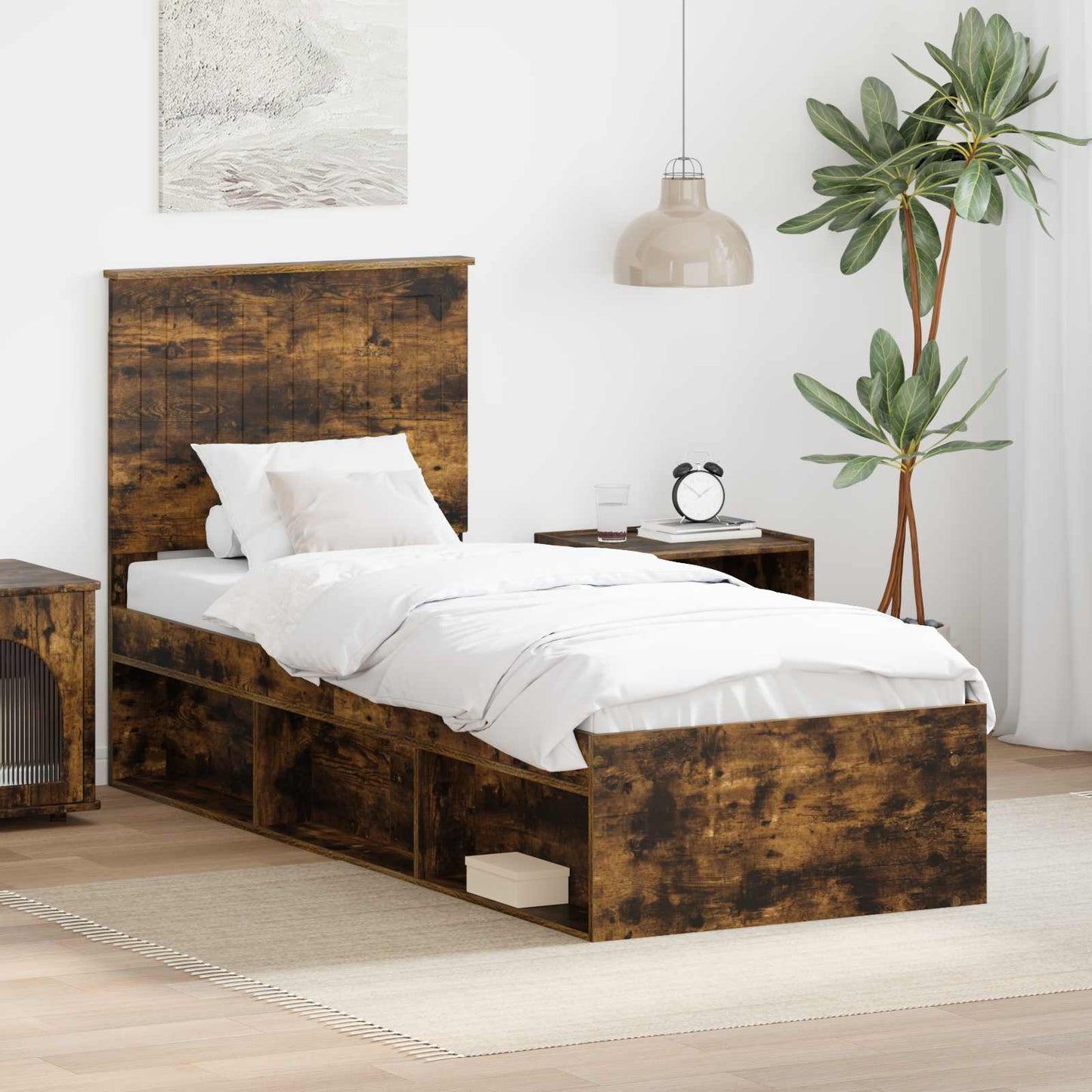 Bed Frame with Headboard Smoked Oak 75 x 190 cm Solid Pine Wood