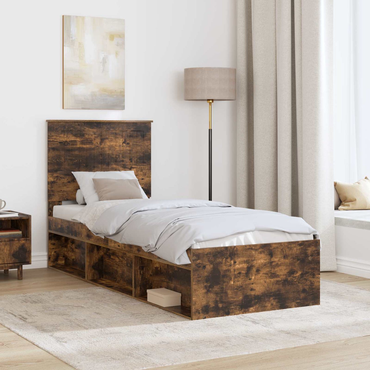 Bed Frame with Headboard Smoked Oak 75 x 190 cm Solid Pine Wood