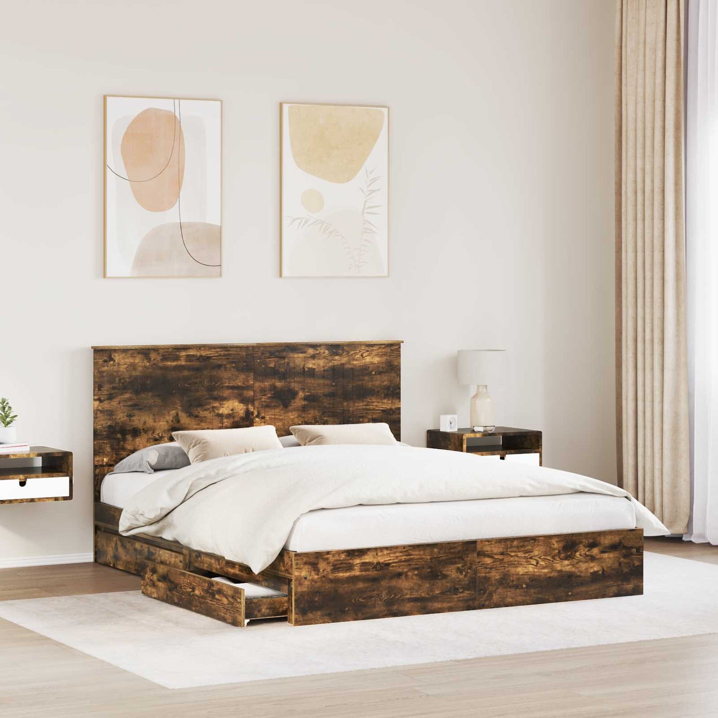 Storage Bed with Drawer Smoked Oak 160 x 200 cm Engineered Wood