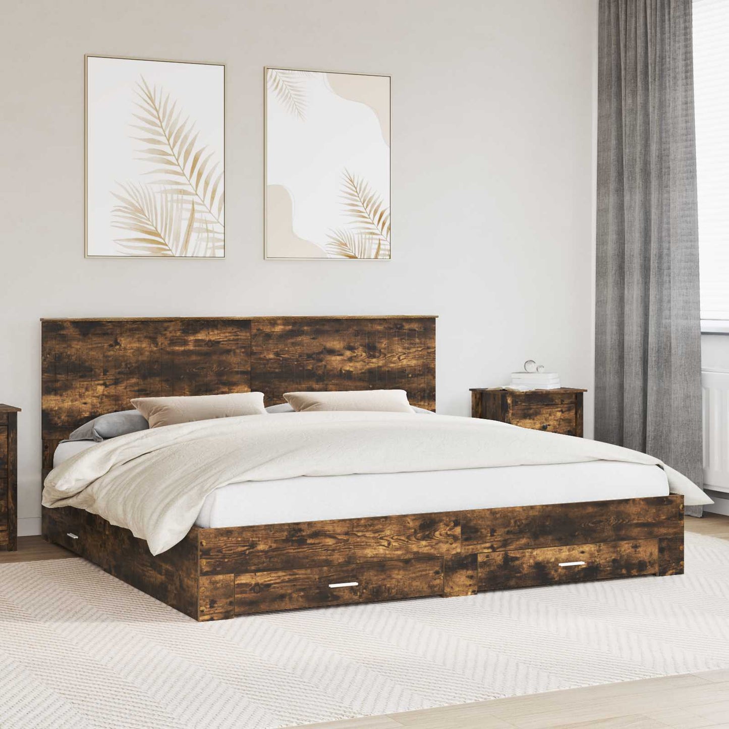 Bed Frame with Drawer Smoked Oak 200 x 200 cm Engineered Wood