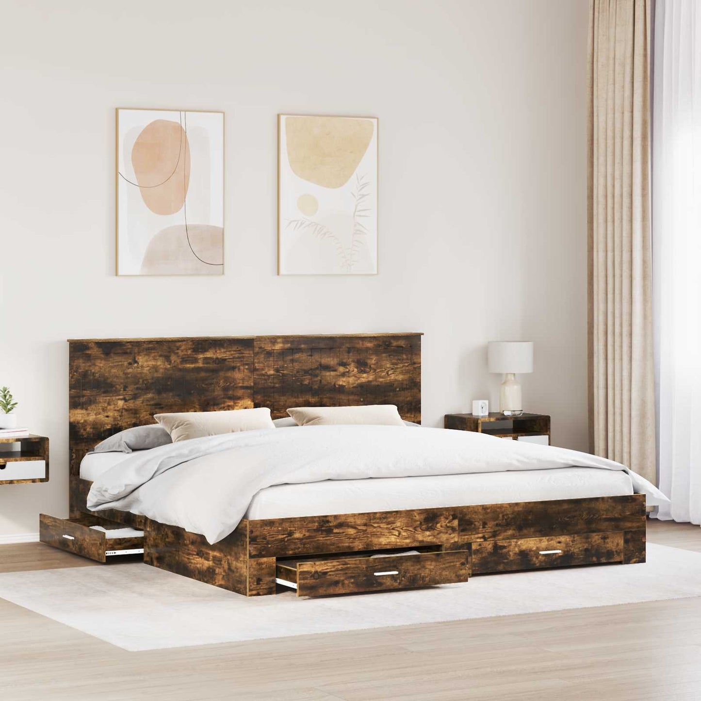 Bed Frame with Drawer Smoked Oak 200 x 200 cm Engineered Wood