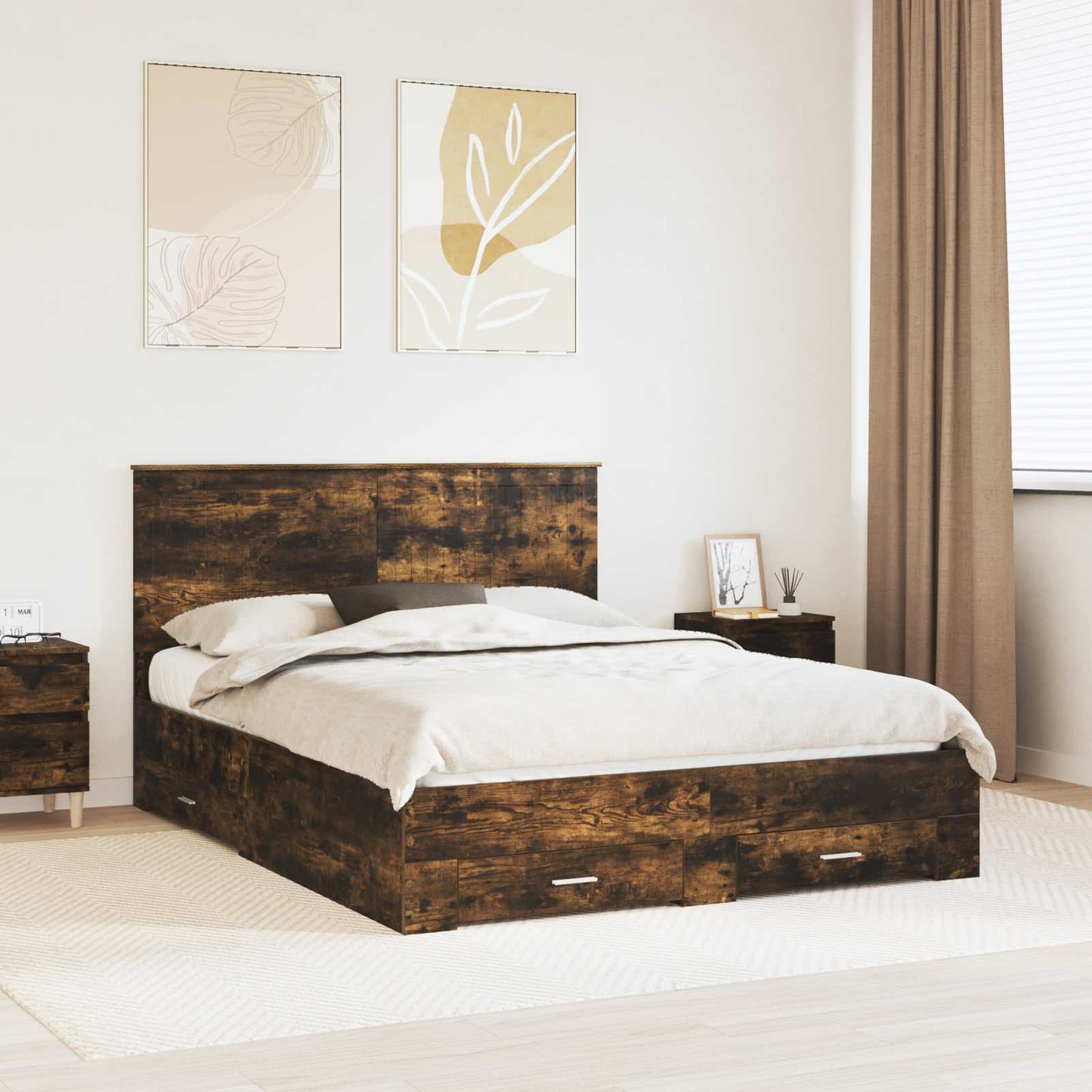 Bed Frame with Drawer Smoked Oak 150 x 200 cm Engineered Wood
