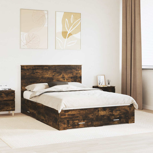 Bed Frame with Drawer Smoked Oak 135 x 190 cm Engineered Wood