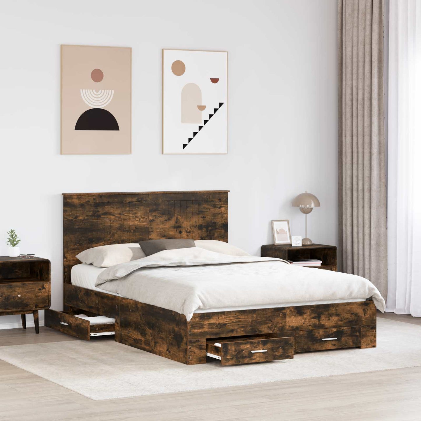 Bed Frame with Drawer Smoked Oak 135 x 190 cm Engineered Wood