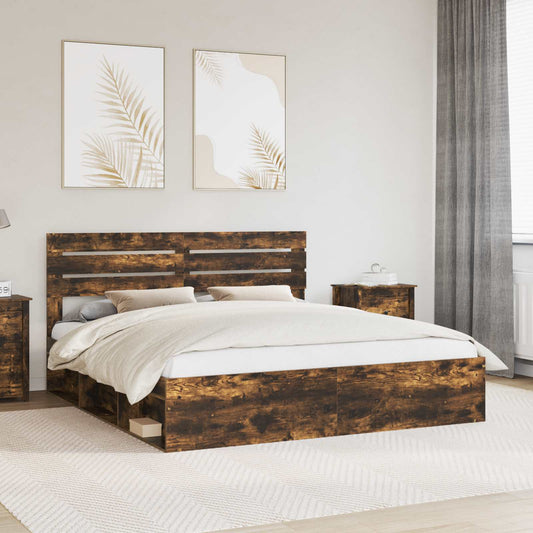 Bed Frame Smoked Oak 200 x 200 cm Solid Pine Wood